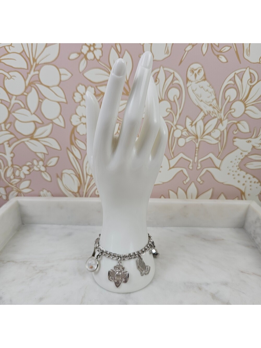 Vintage Sterling Silver Charm Bracelet Girl Scouts Bride Praying Hands 7 Inch